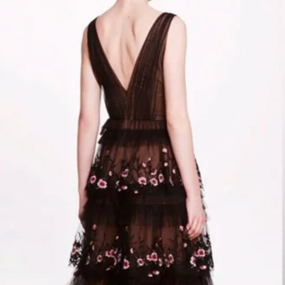 Marchesa Notte Tiered Tulle Terrarium V Neck Gown Black Pink Floral 10 NWT - Picture 5 of 10